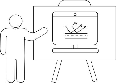 Bir sehpanın yüzeyinden yansıyan ultraviyole ışınlarını gösteren bir sunuma işaret eden kişi