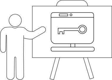 Basitleştirilmiş bir figür ekranda gösterilen bir anahtar ile bir monitörü gösteren bir beyaz tahta sunar