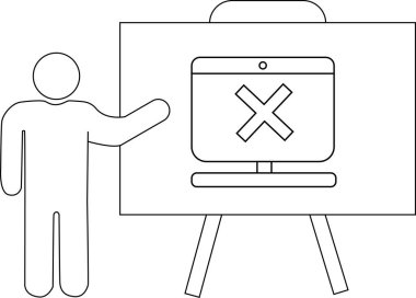 Bir kişi beyaz arka planda bir standın üzerinde X işareti olan bir monitör sunar.