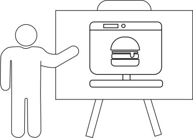 Bir insan beyaz tahtada bacakları olan bir hamburger setini gösteren bir bilgisayar ekranı sunar.