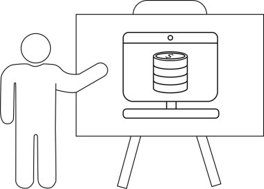 Bozuk paralarla bilgisayarı gösteren bir yazı tahtasının yanında duran bir figür