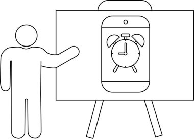 Sunucu, beyaz tahtada çalar saati gösteren bir telefona işaret ediyor.