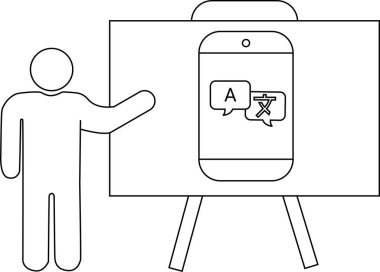 Çeviri özelliğini gösteren bir akıllı telefon ile bir beyaz tahta sunan kişi