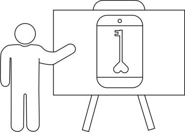Çubuk bir figür, içinde kalp şeklinde bir anahtar olan bir akıllı telefonun yer aldığı bacaklarda beyaz bir tahta sunar.