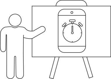 Zamanlayıcı gösteren bir telefonla tahtanın yanında duran bir kişi.