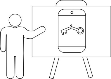 Bir kişi, tribünde gösterilen bir telefonda kırık bir anahtar simgesi sunar.