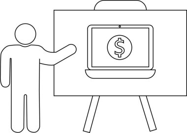 Beyaz tahtada dolar işareti olan bir dizüstü bilgisayar sunan kişi