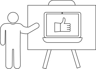 Dizüstü bilgisayara başparmak kaldırarak işaret eden özet figür