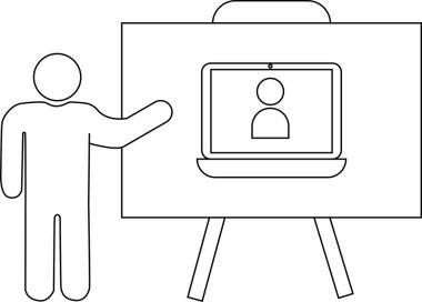 Ekranda bir dizüstü bilgisayarı ve bir video katılımcısını gösteren bir çizgi çizimi