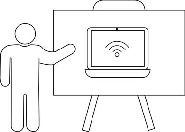 Beyaz tahta wlaptop wifi simgesine işaret eden kişi çizimi