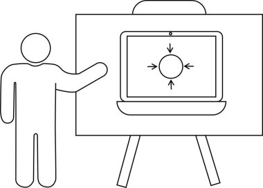 Çizgi çizimi, bir stantta dizüstü bilgisayara doğru hareket eden birini gösteriyor.