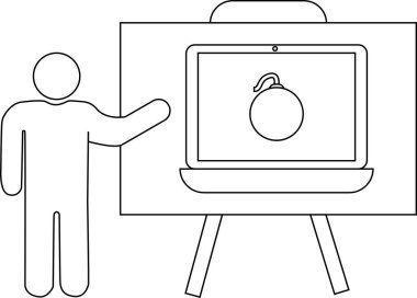 Çizgi sanatı, ekranında bomba simgesi olan bir dizüstü bilgisayarın yanında duran sunucuyu gösteriyor.