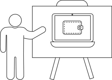 Çubuk bir figür, üzerinde cüzdan grafiği olan bir dizüstü bilgisayar sunar.