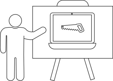 Çubuk adam, bir sehpada sergilenen dizüstü bilgisayarda bir testere sunar.