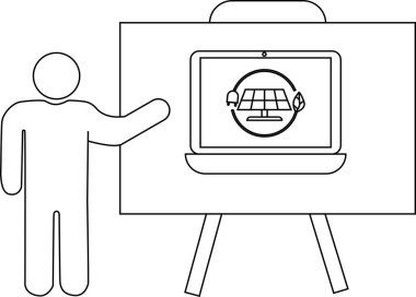 Çubuk figürü, beyaz tahtada bacakları olan bir güneş paneli çizimi sunuyor.