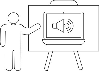 Sunum tahtasında ses simgesini gösteren bir dizüstü bilgisayarı gösteren kişi