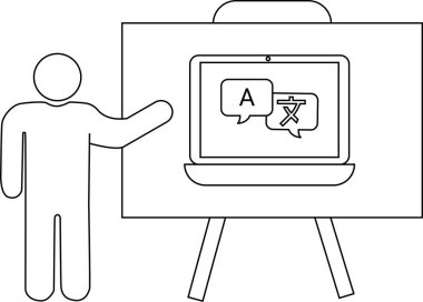 Ekranda dil baloncukları olan bir dizüstü bilgisayar sunan kişinin ana hatları