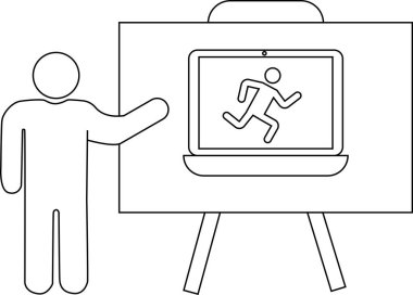 Çizgi çizen kişi beyaz tahta üzerinde çalışan bir dizüstü bilgisayar simgesi sunar