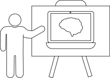 Dizüstü bilgisayarı sunan birinin çizgi çizimi bir stantta beyni gösteriyor.