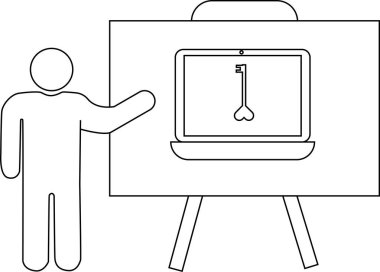 Kalp şeklindeki anahtarı gösteren bir dizüstü bilgisayarla beyaz tahtayı gösteren bir figür.