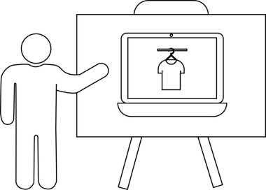 Bir insanın beyaz tahtaya dizüstü bilgisayar ve tişört çizmesi.