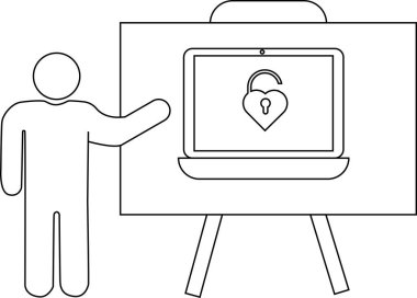 Çubuk bir figür, kilitlenmemiş kalp şeklinde bir asma kilitle dizüstü bilgisayarı gösteren beyaz bir tahtaya doğru hareket eder.