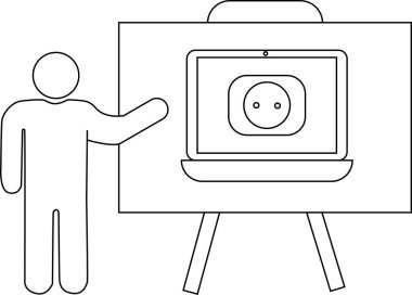 Bir kişi, bir sehpada dizüstü bilgisayarda görüntülenmiş bir elektrik prizi tasarımı sunar.