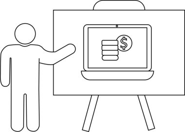 Bir insan sehpada para yığını ve dolar işareti gösteren bir dizüstü bilgisayar sunar.