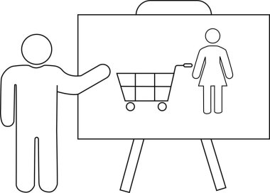 Bir alışveriş arabası ve beyaz tahtanın üzerinde duran bir sunucunun sunumu.