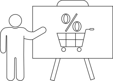 Çizgi çizme Kişi alışveriş arabası ve yüzde işareti ile bir pano sunar