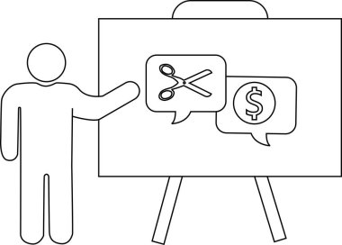 Bir makas ve dolar işareti ile sunumu gösteren çöp adam