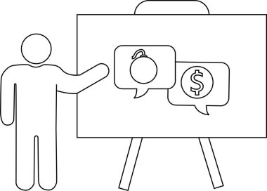 Konuşma baloncuklarında bomba dolar işareti olan bir tahtanın sunum sahnesi çubuğu figürü