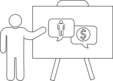 Çizgi çizimi, bir insanı ve bir dolar işaretini gösteren bir beyaz tahtayı konuşma baloncuklarıyla tasvir ediyor.