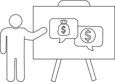 Bir figür, dolar işaretleri içeren iki konuşma baloncuğu içeren bir beyaz tahtayı işaret eder