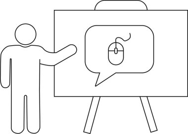 Sunucu, üzerinde konuşma baloncuğu olan bir beyaz tahtayı işaret ediyor.