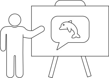 Çizim çubuk figürü, bir yunusu resim sehpasında konuşma balonunda sunar.