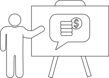 Bir çöp adam üzerinde para konuşma balonu olan bir tahtanın yanında duruyor.