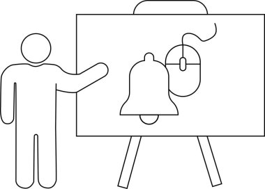 Sunucu, içinde bir çan bilgisayarı fare illüstrasyonunun olduğu bir beyaz tahtanın yanında duruyor.