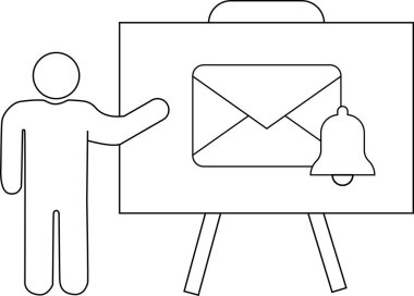 Çubuk figürü tarafından sunulan e- posta sembolü ve çan simgesiyle sunum tahtası