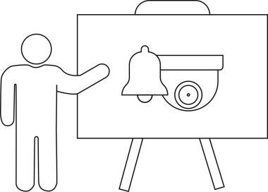 Bir beyaz tahta sunar. Güvenlik kamerası ve uyarı zili iki ayaklı bir tezgah tarafından desteklenir.