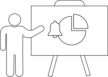 Bir beyaz tahtaya pasta grafiği ve çan simgesi sunan kişi