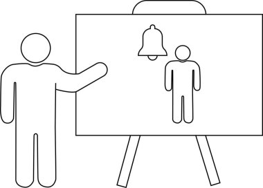 Tebligat zili ve sunum panosundaki kişi simgeleri ile resim sehpasını gösteren adam