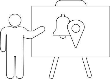 Üzerinde çan lokasyonu olan bir tahtaya doğru hareket eden bir kişinin çizgi çizimi