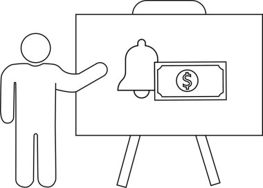 Çizgi sanatı, sunucunun çan simgesi ve parayla beyaz tahtayı gösterdiğini gösteriyor.