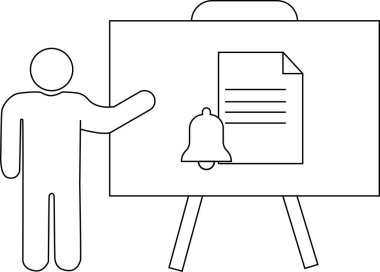 Basit bir çizgi çizimi bir sunucunun bir çan ve belge simgesine sahip bir tahtayı gösterdiğini gösterir