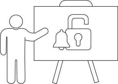 Basitleştirilmiş bir figür, açık asma kilit ve çan gösteren bir beyaz tahtaya işaret eder.