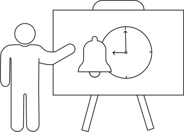 Bir kişi 900 'e ayarlanmış bir çan ve saati gösteren bir sunum panosuna işaret ediyor.