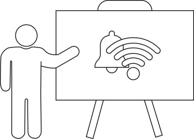 Beyaz tahtanın yanında duran bir figür kablosuz internet sinyalli bir uyarı zili gösteriyor