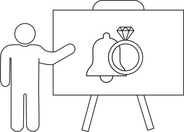 Elmas yüzüklü bir yüzüğün yanında çan simgesini gösteren beyaz bir tahta sunan bir figür.