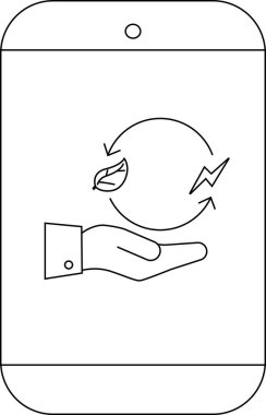 Tablet, bir yaprak ve yıldırımla dairesel bir okun altında bir el gösterir